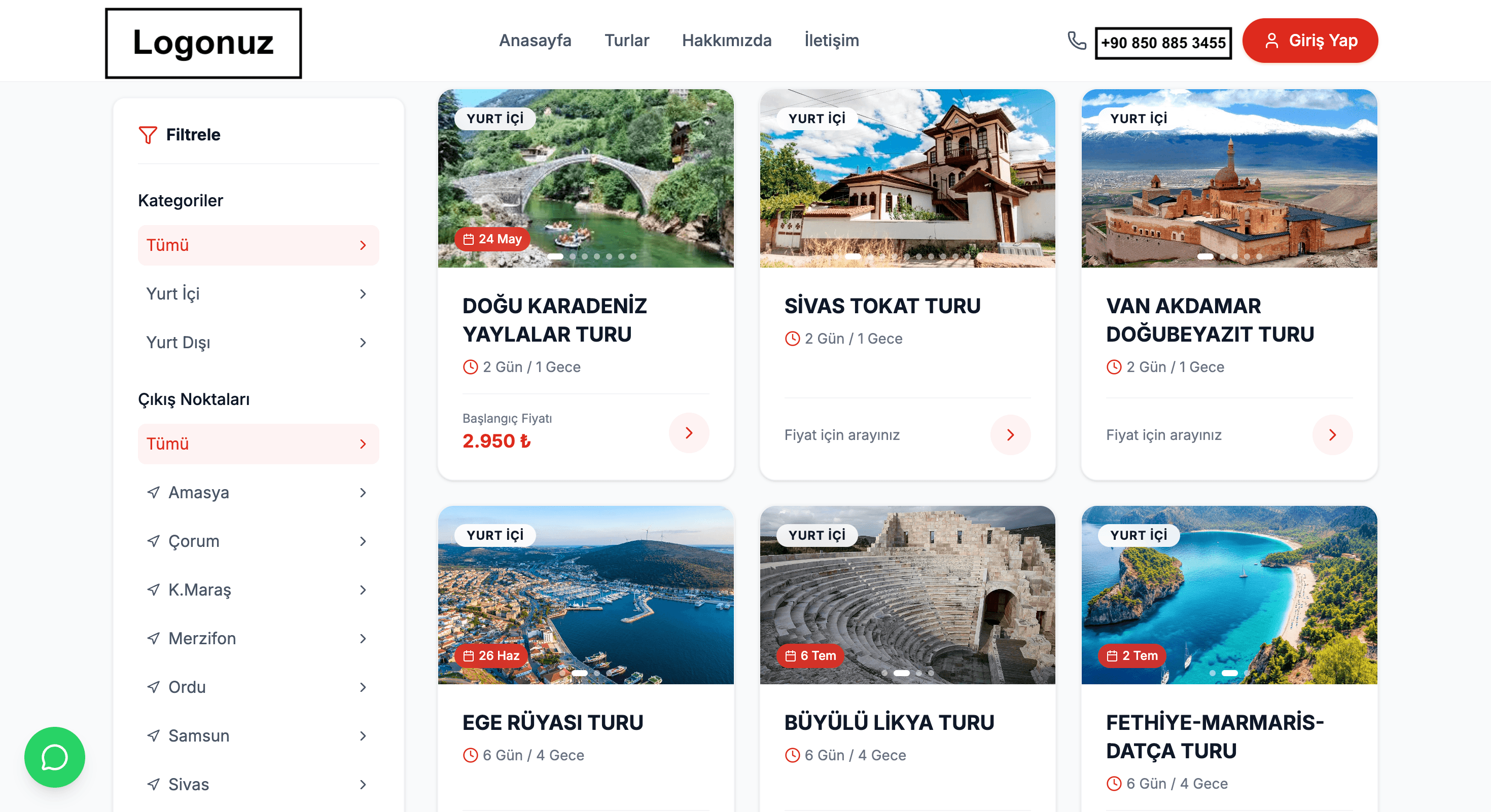 TurPilot e-ticaret sitesi tur listeleme görünümü